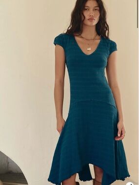 Free People Teal Asymmetrical V-Neck Knit Dress XL